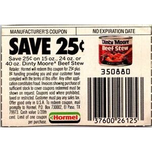 Save 25¢ On Dinty Moore Beef Stew Hormel El Paso TX 1980s Coupon SAI1-M5